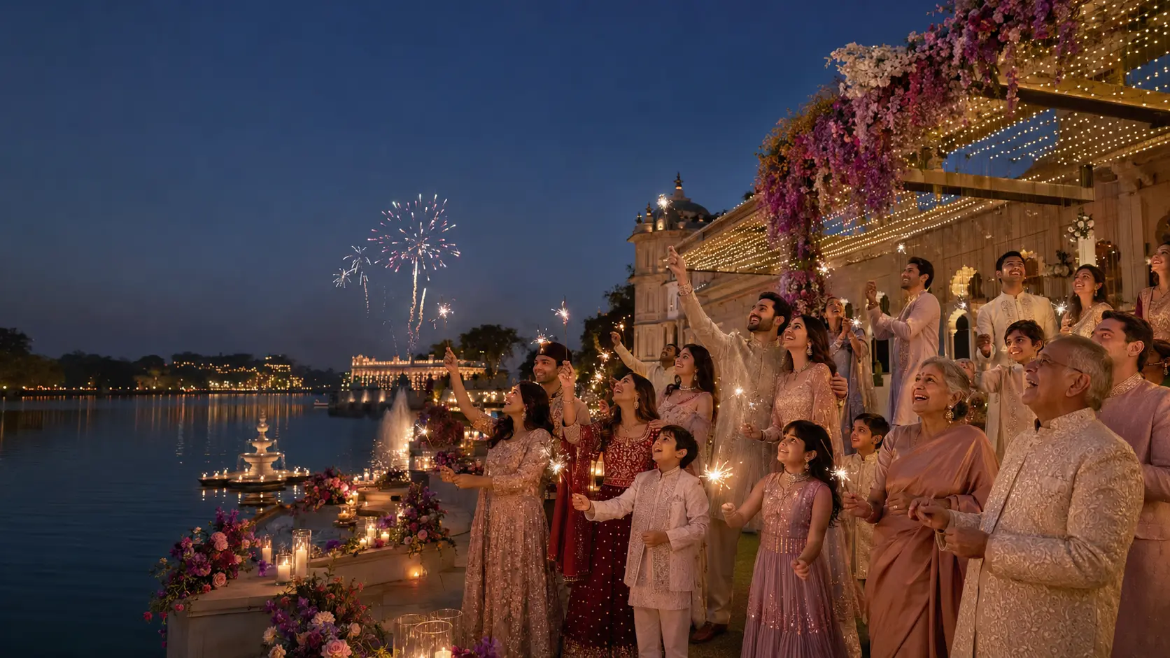 A joyful multigenerational Indian family celebrating with sparklers beneath fireworks beside a palace lake