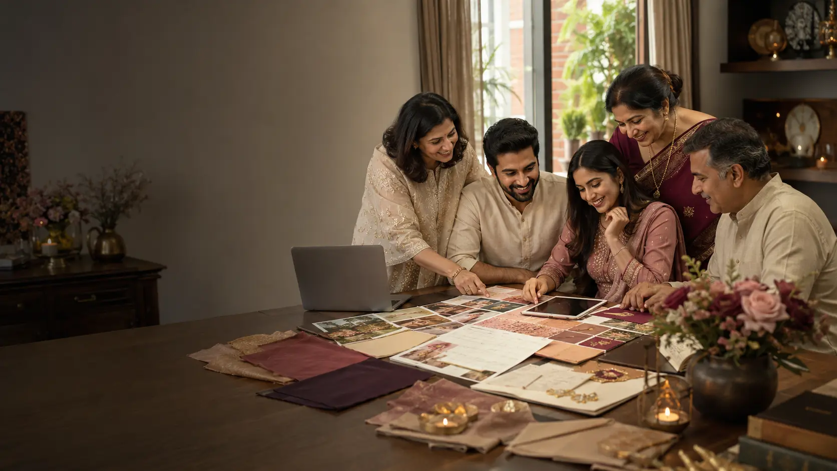Family planning a celebration together around photographs and a calendar
