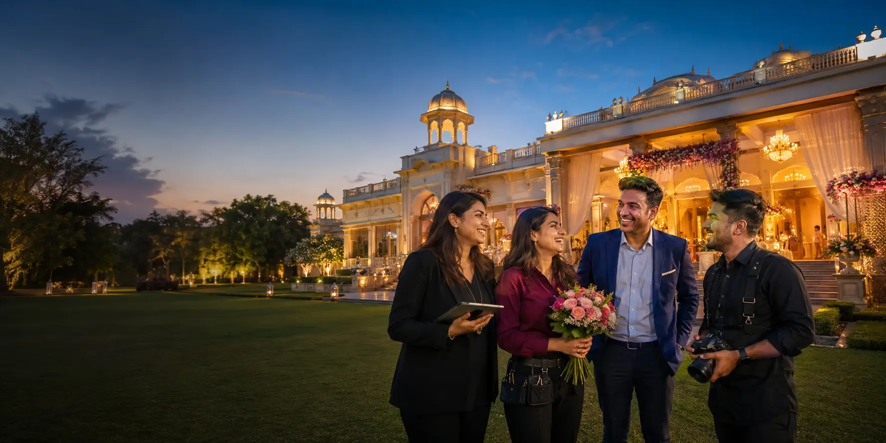 Joyful Indian venue owner and celebration professionals proudly presenting a vibrant palace property at twilight
