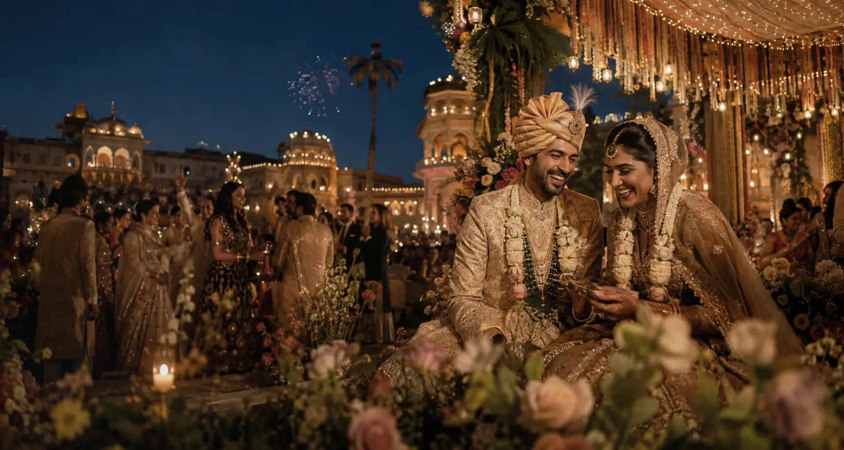 A smiling Indian couple celebrating their wedding at an illuminated palace