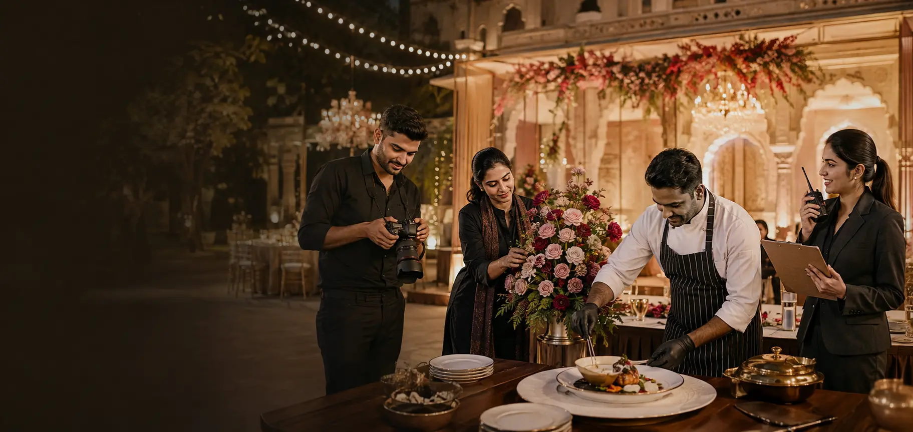 Photographer, floral stylist, caterer and event planner preparing an elegant Indian celebration venue