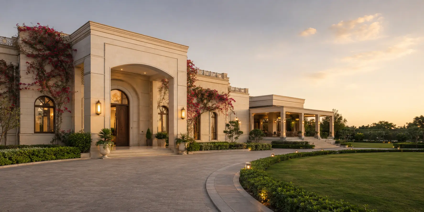 Wide view of a distinctive illuminated venue property showing its architecture, lawn and arrival experience