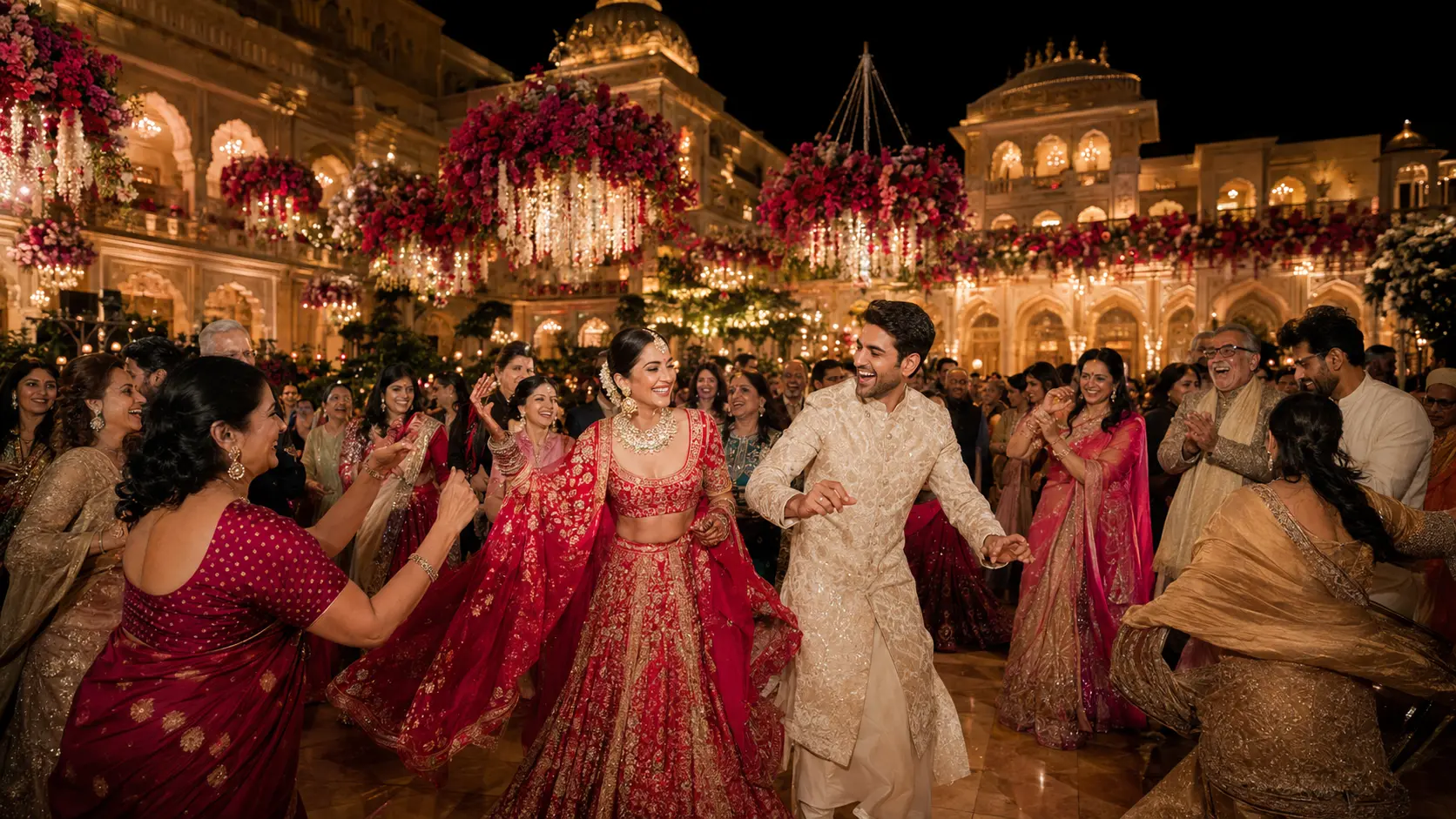 Family dancing together at a spectacular sangeet