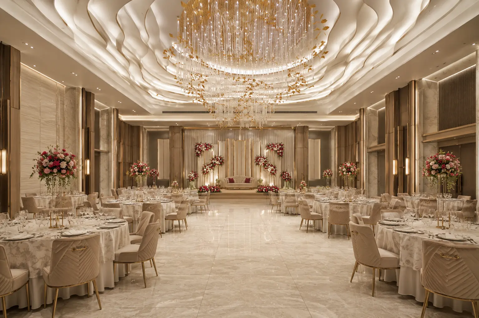 Modern ivory banquet hall with chandeliers, a central aisle and an elegant stage