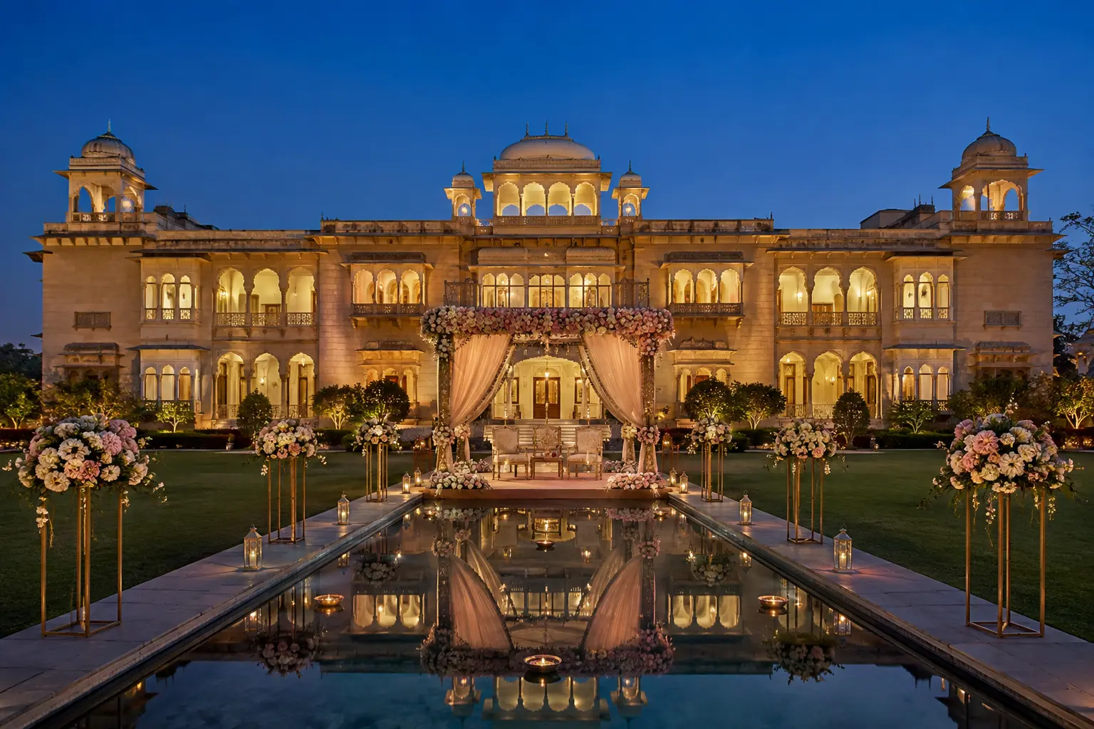 Illuminated heritage palace venue with a ceremony pavilion and reflecting pool